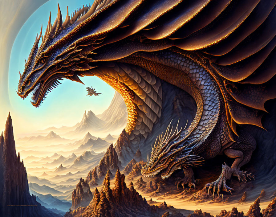 Majestic dragon and fantasy landscape with spires and flying dragon