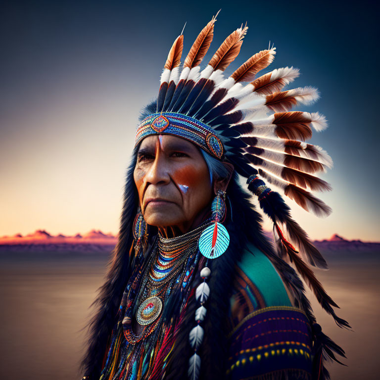 Native American person in traditional regalia under twilight sky