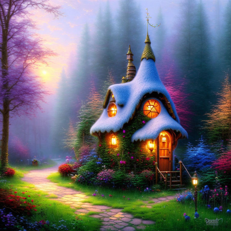 Fantasy cottage with snow-capped roof in misty forest with warm lights & colorful flowers