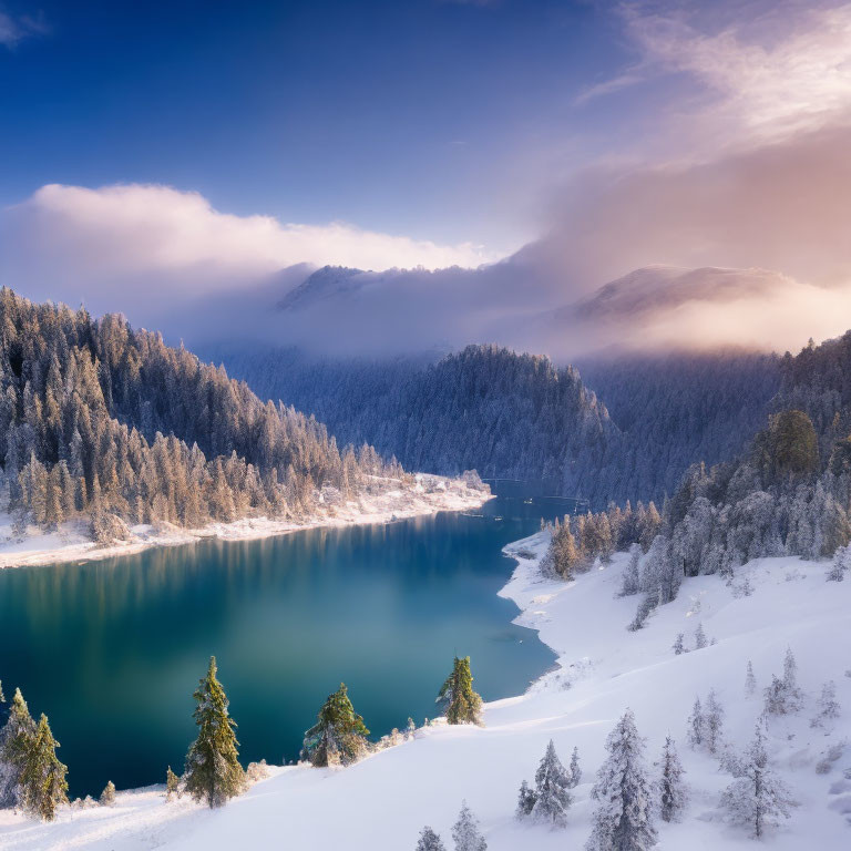 Snowy Lake Scene: Winter Landscape with Pine Trees and Misty Mountains