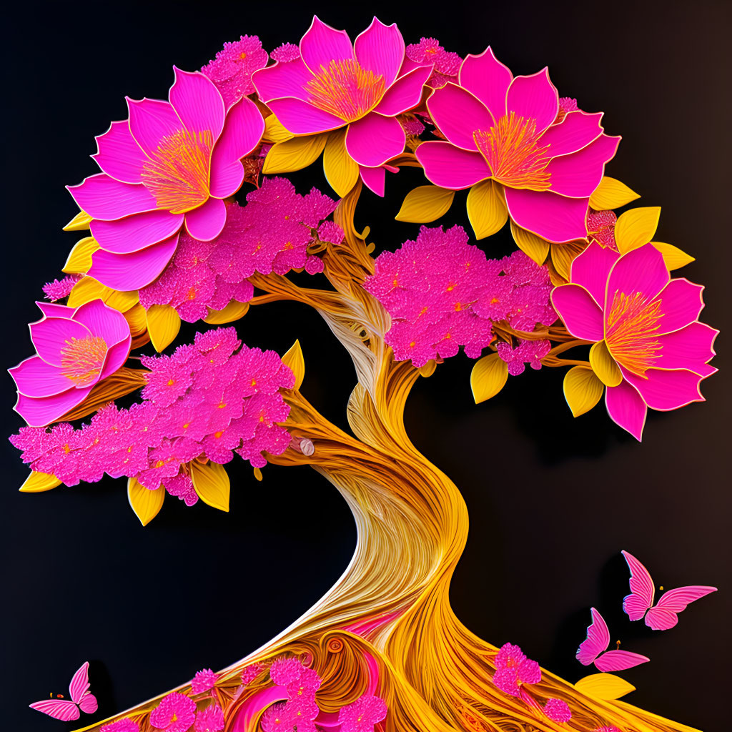 Colorful digital artwork featuring stylized tree with pink blossoms and butterflies on dark background