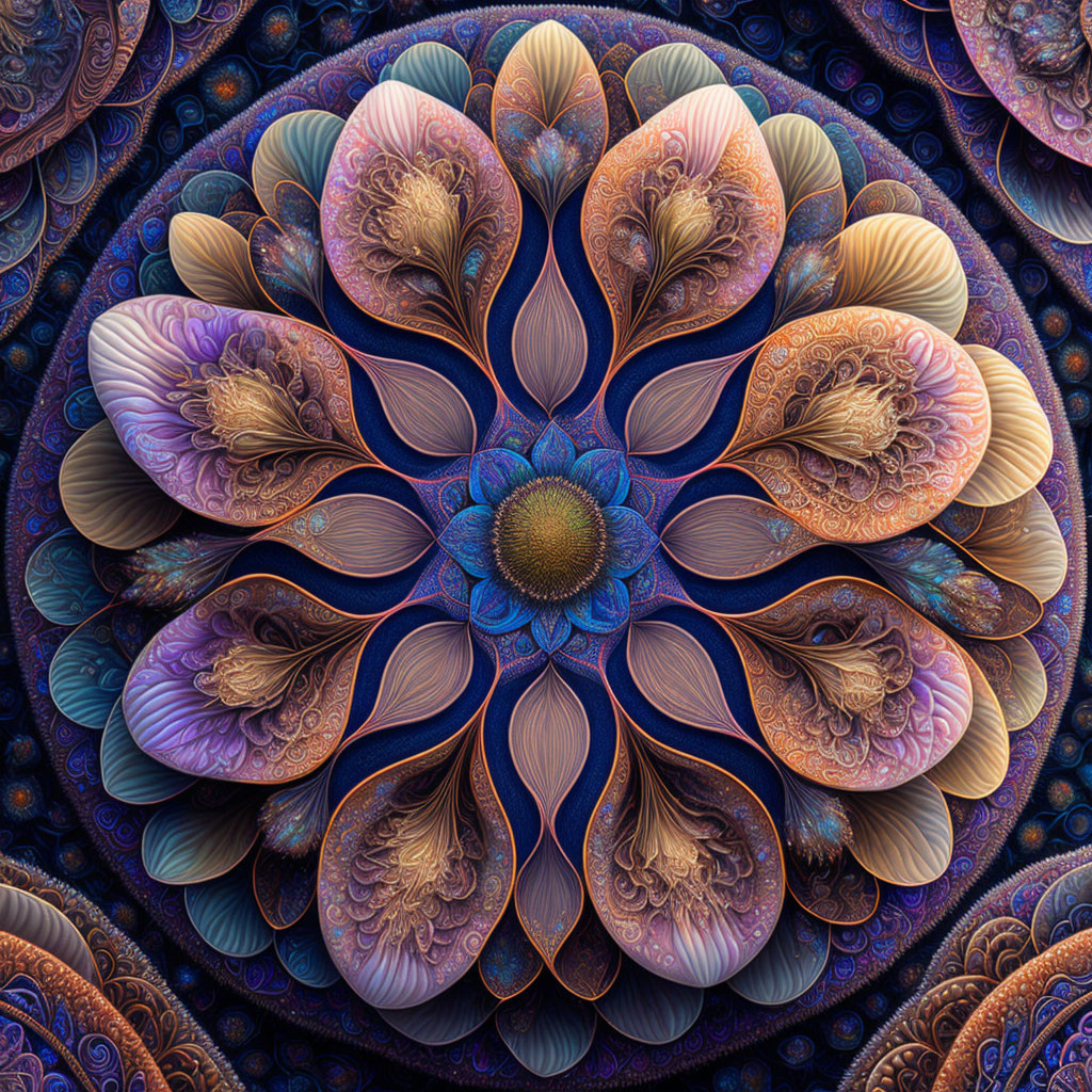 Symmetric fractal floral motif with intricate patterns and rich color palette