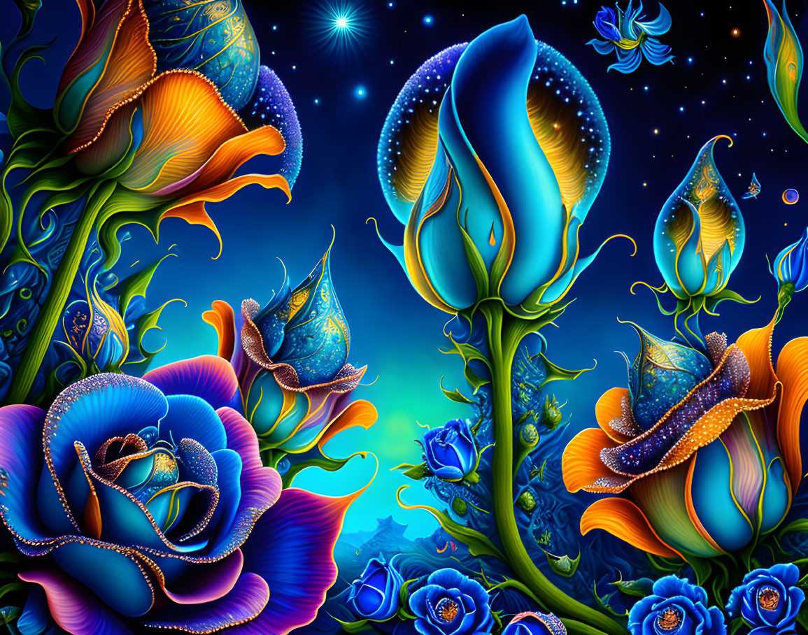 Surreal digital art: Luminous flowers, plants, and creatures in blue and orange on