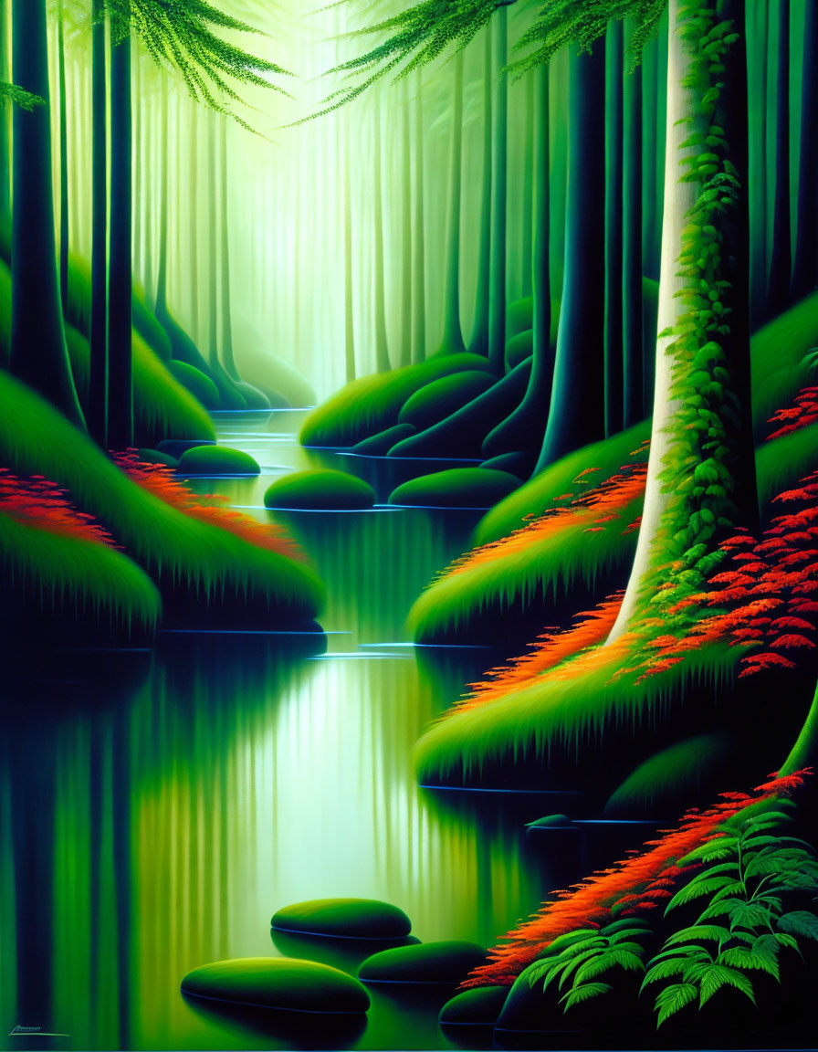 Tranquil Forest Landscape with Green Trees and Reflective Waterway