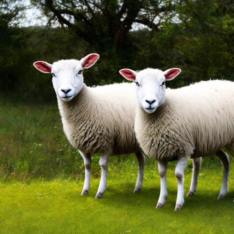 Two Sheep in Green Field with Blurred Background