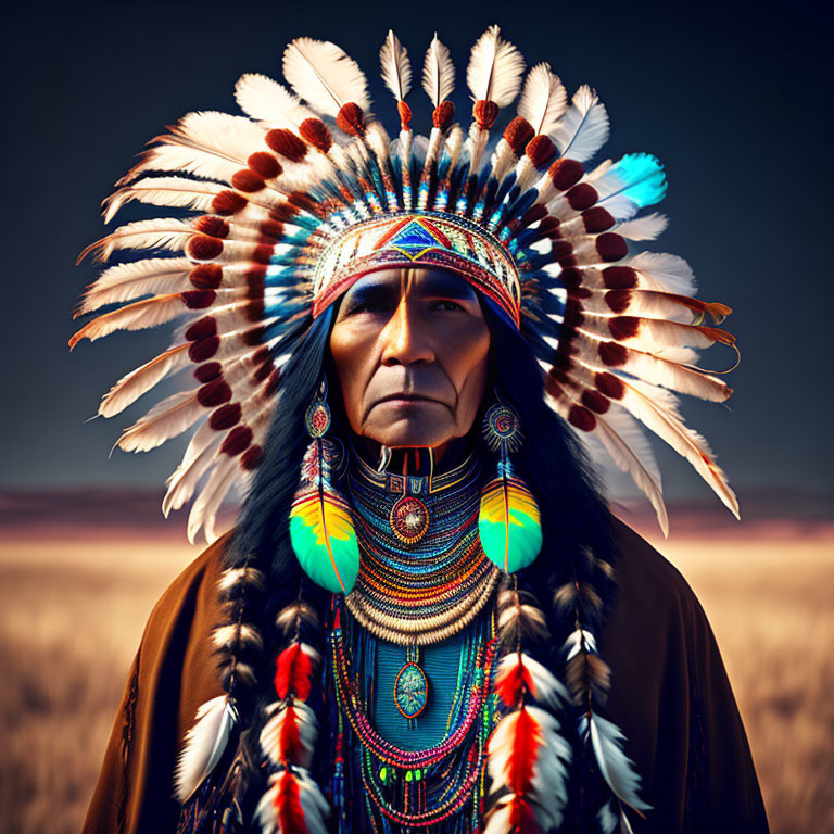 Native American wearing headdress with feathers in traditional regalia.