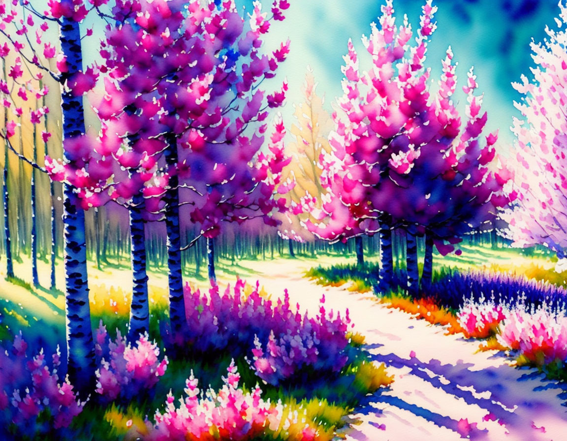 Colorful Watercolor Painting of Blossoming Pink Tree-Lined Pathway