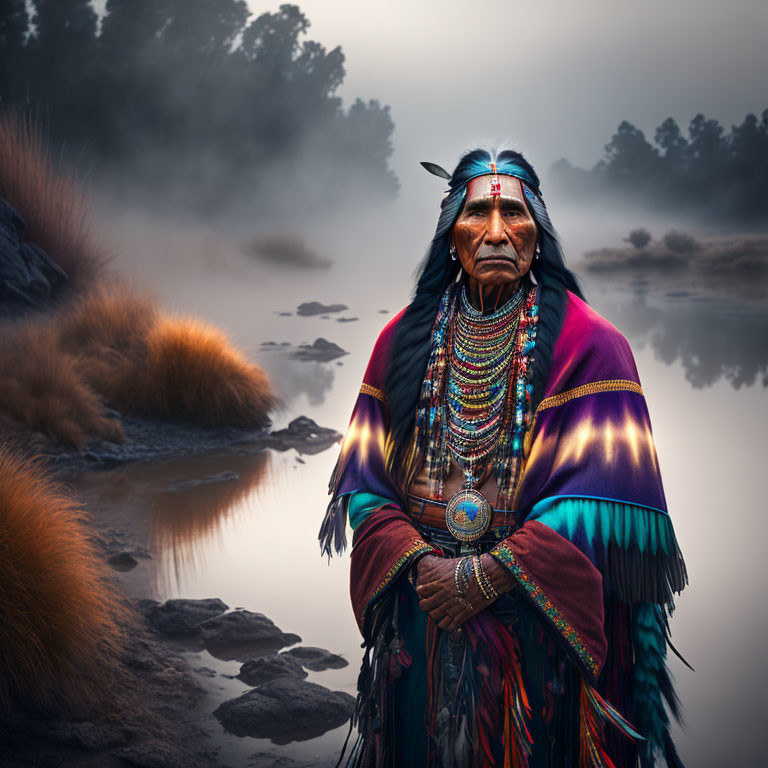 Native American man in traditional attire by foggy waterfront