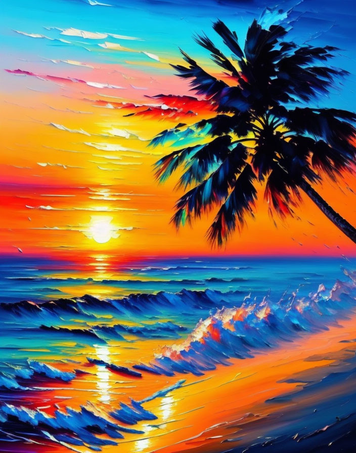 Colorful Sunset Painting with Ocean, Palm Tree, and Brushstrokes