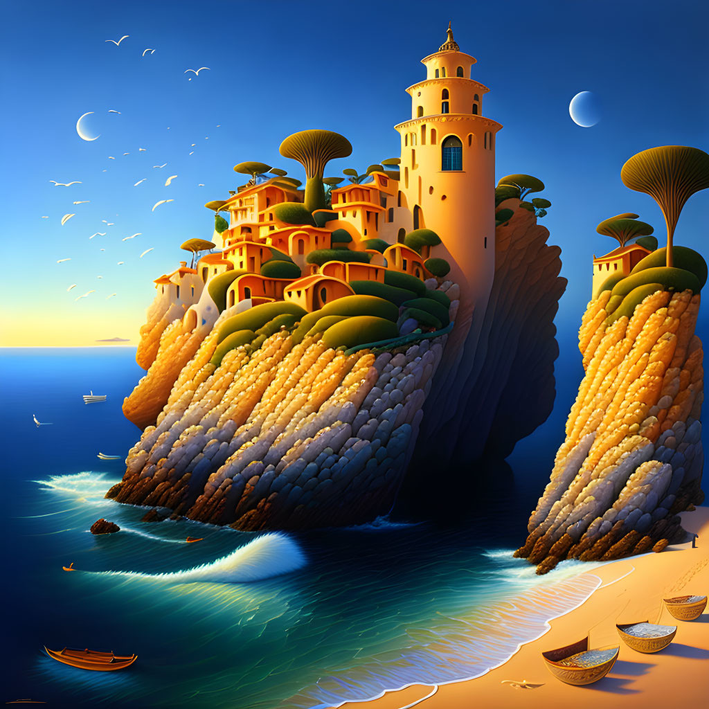 Fantastical coastal scene with mushroom-like structures under crescent moon