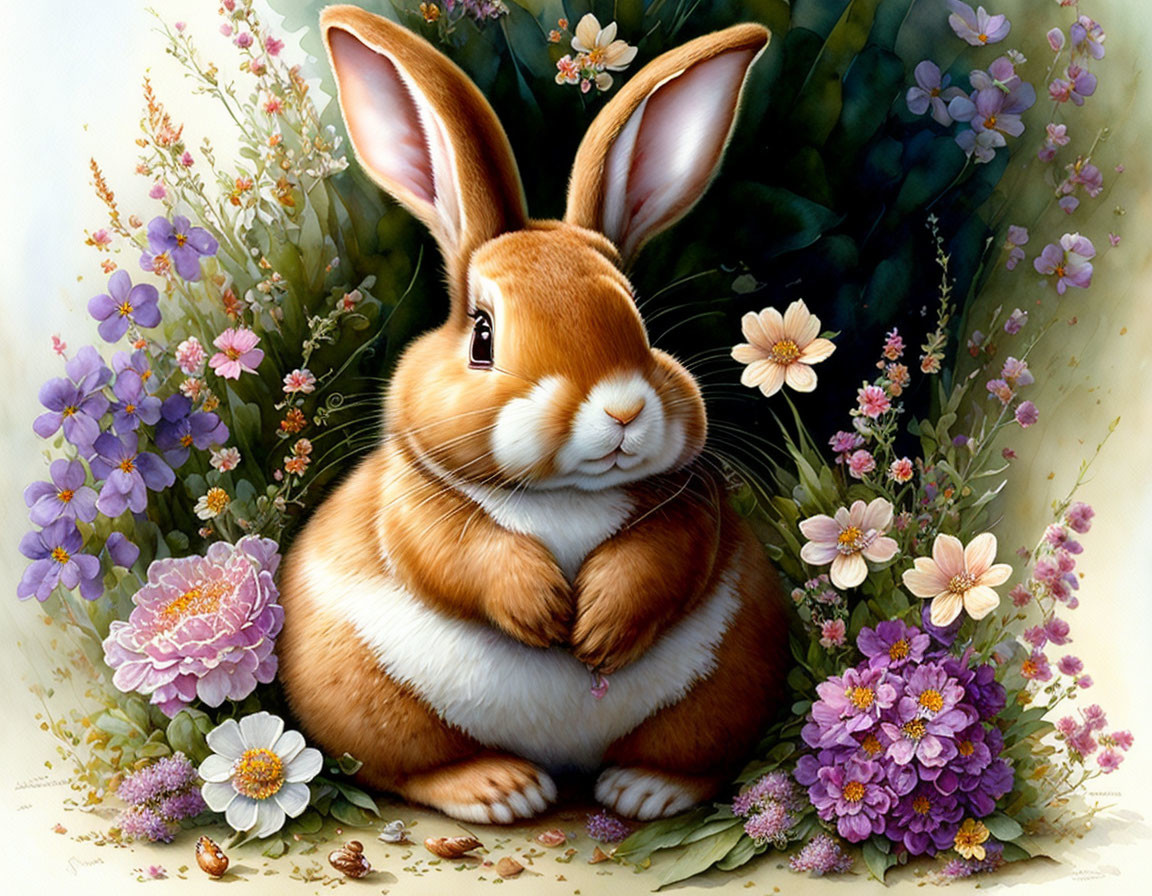 Chubby rabbit in vibrant floral garden