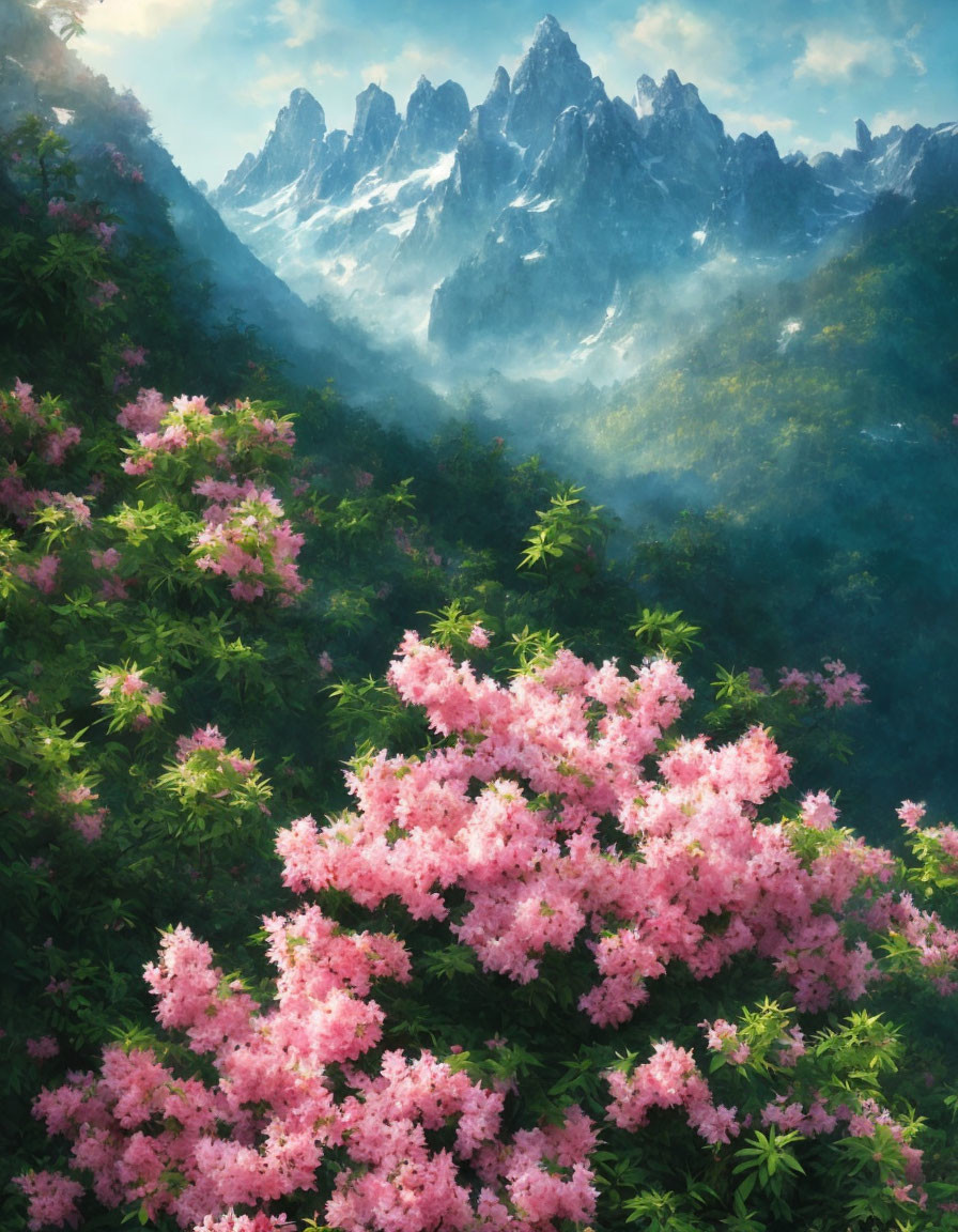 Pink Flowering Shrubs with Majestic Mountain Peaks and Greenery in Misty Landscape