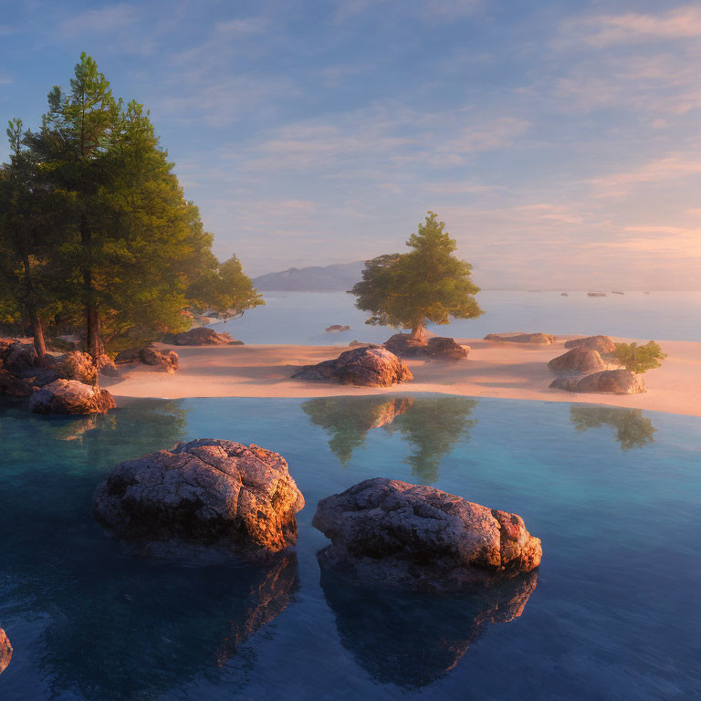 Serene Sunset Over Crystal-Clear Lake and Pine Trees