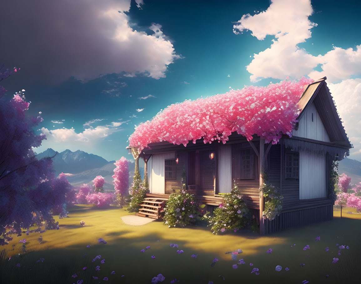 Wooden cottage with pink tree roof in garden with mountains and sky