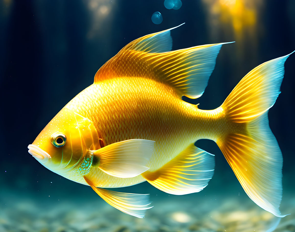 Golden fish with flowing fins swimming gracefully underwater surrounded by bubbles and light