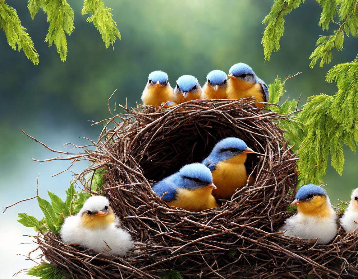 Colorful chicks with blue heads and yellow bodies in twig nest surrounded by green foliage