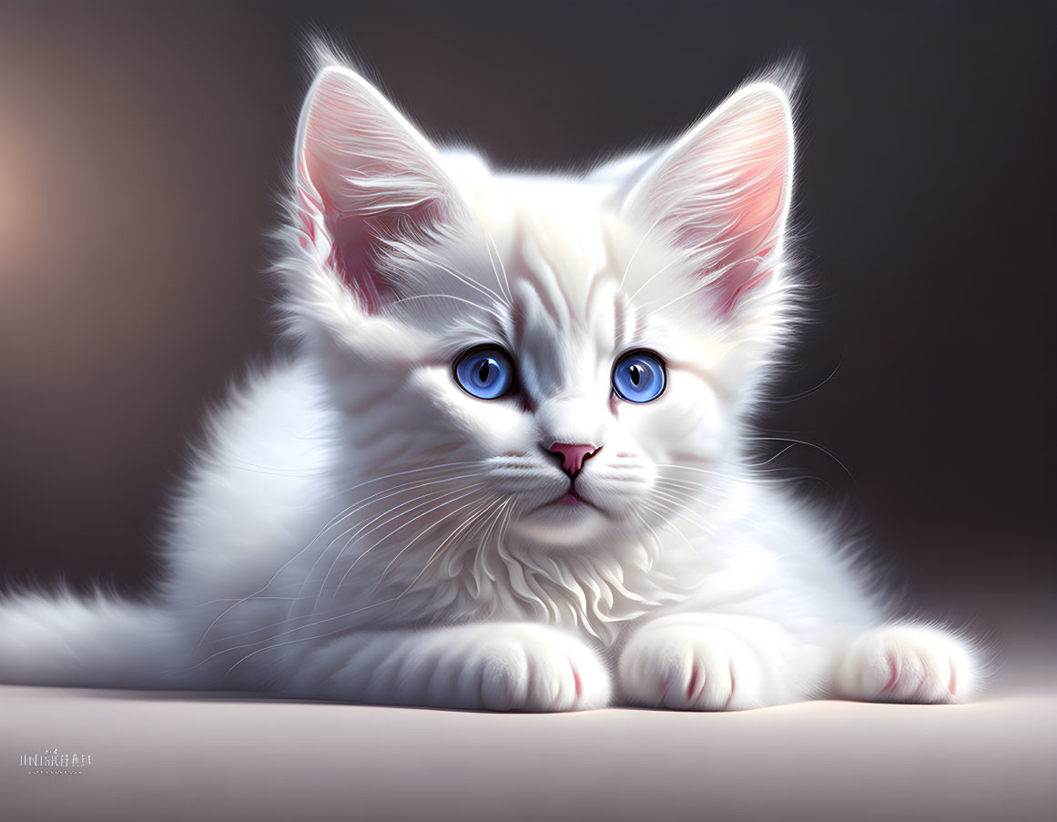 Fluffy white kitten with blue eyes and pointed ears lying down