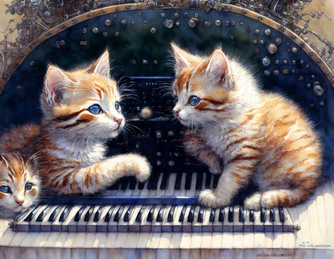 Three kittens with blue eyes on piano keys with steampunk backdrop