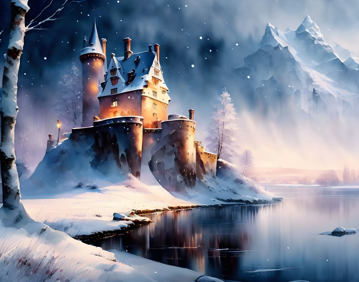 Majestic castle by frozen lake at dusk