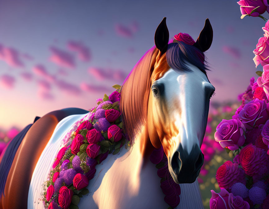 Majestic horse with rose garland under pink-clouded twilight