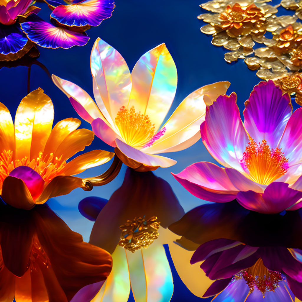 Colorful water lilies on dark blue background with glowing centers