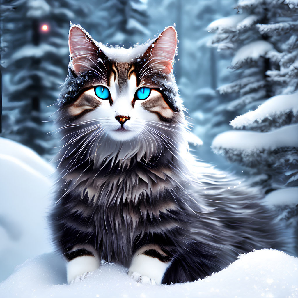 Majestic long-haired cat with blue eyes in snowy forest portrait