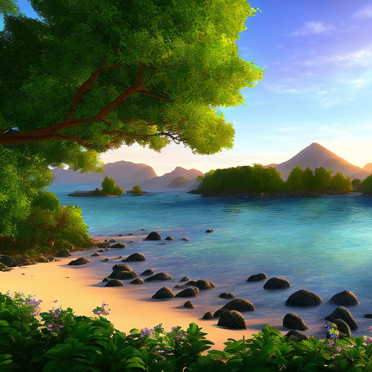 Tranquil beach scene with lush tree, turquoise water, volcanic mountains, sandy shore