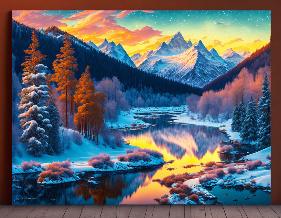 Colorful landscape painting of snow-capped mountains, autumn trees, river, and sunset in a room