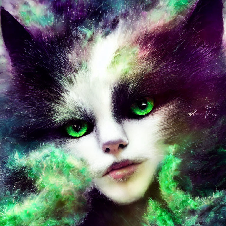 Surreal human face with feline features against cosmic background