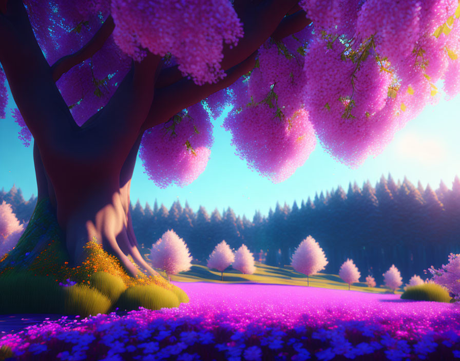 Colorful whimsical forest scene with pink-purple trees and lush grassy floor