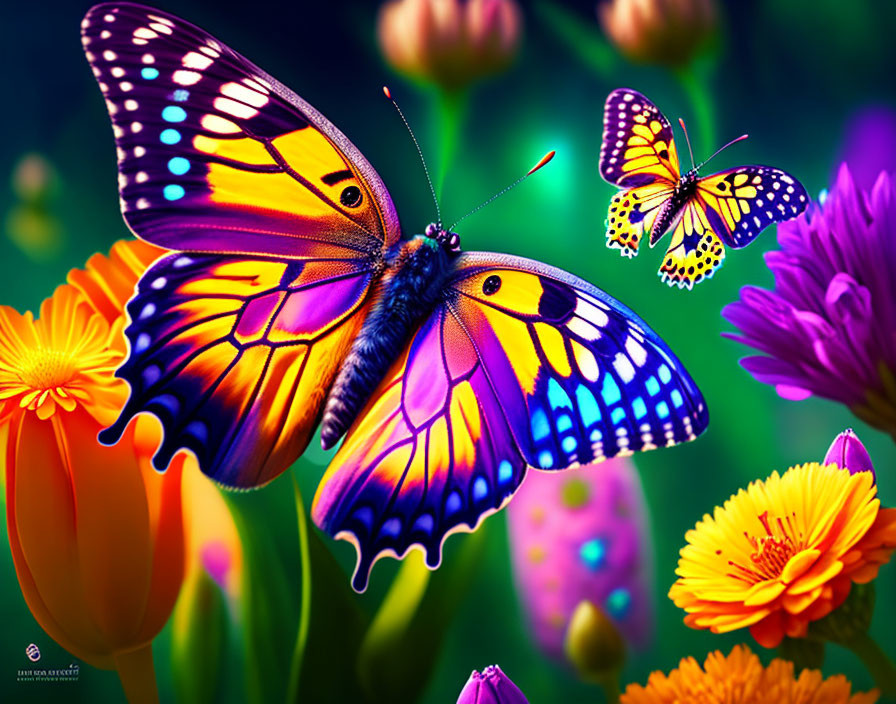Colorful butterflies with intricate patterns on vibrant flowers in lush setting
