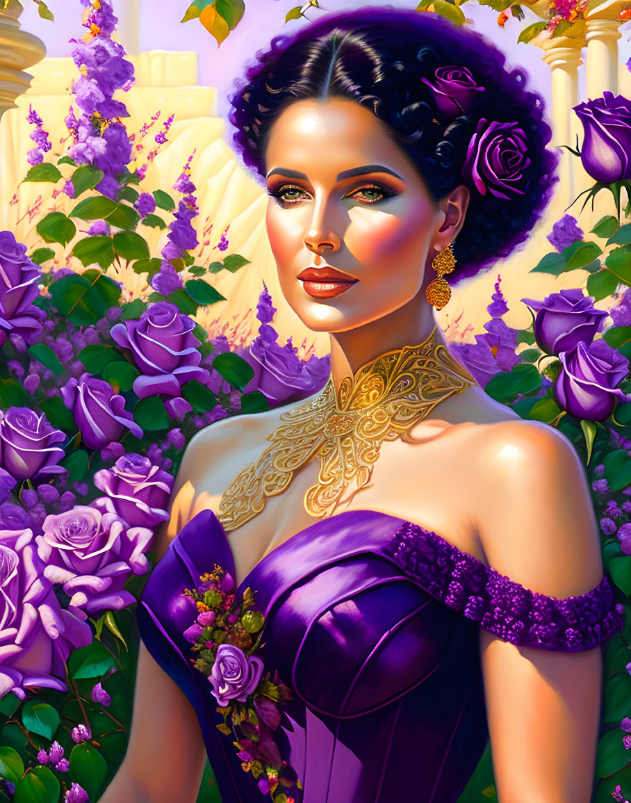 Dark-haired woman in purple gown surrounded by lush flowers