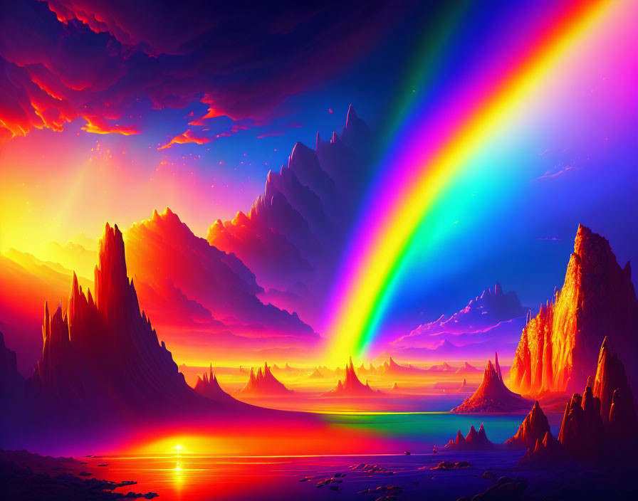 Colorful Landscape with Rainbow Over Mountainous Terrain and Tranquil Water