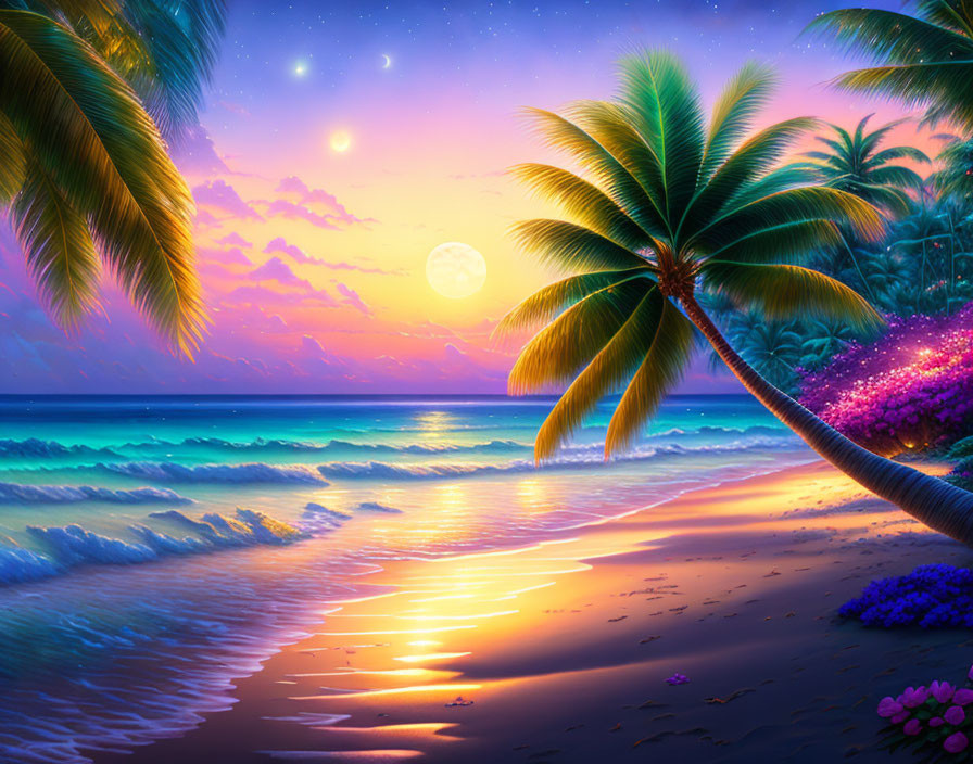 Full Moon Beach Scene: Vibrant Dusk with Palm Trees and Luminous Waves