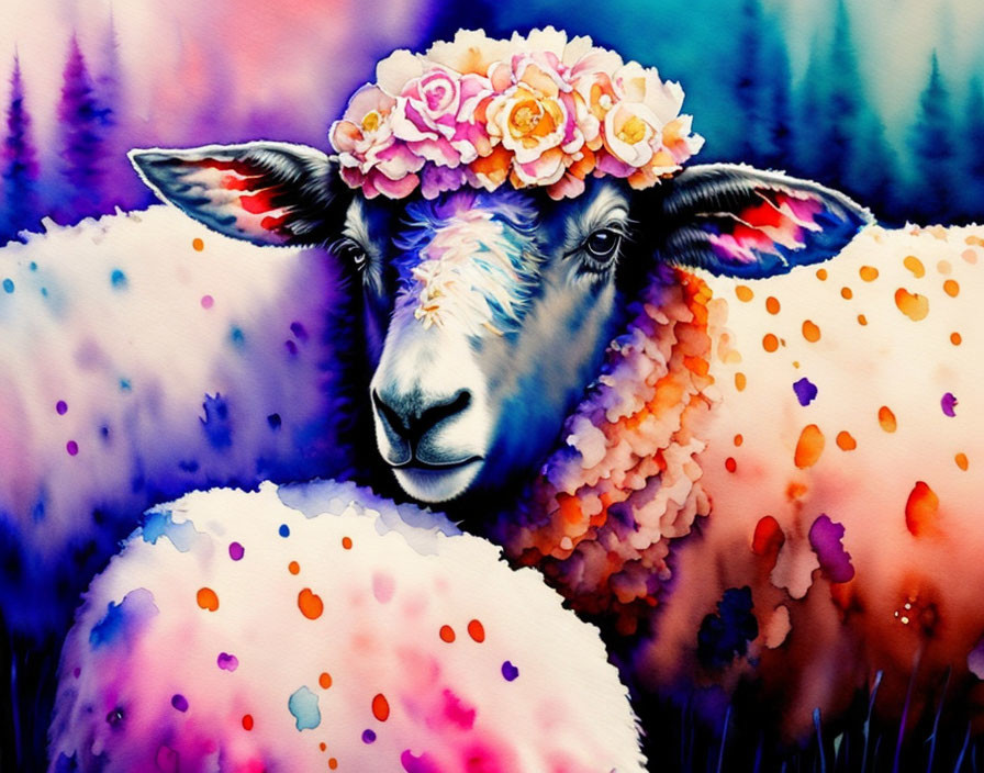 Colorful Watercolor Painting of Sheep with Floral Crown