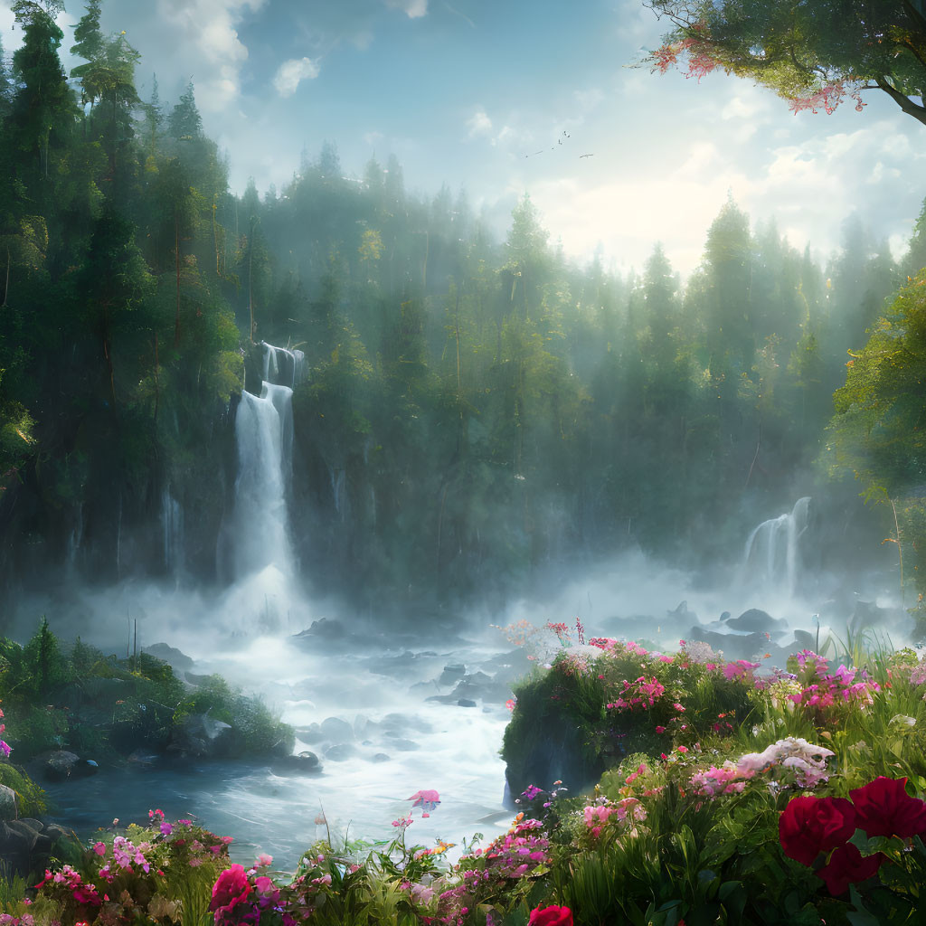 Tranquil landscape with waterfalls, lush greenery, mist, and vibrant flowers