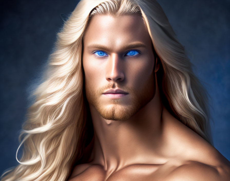 Man with long blond hair and blue eyes in digital art portrait.