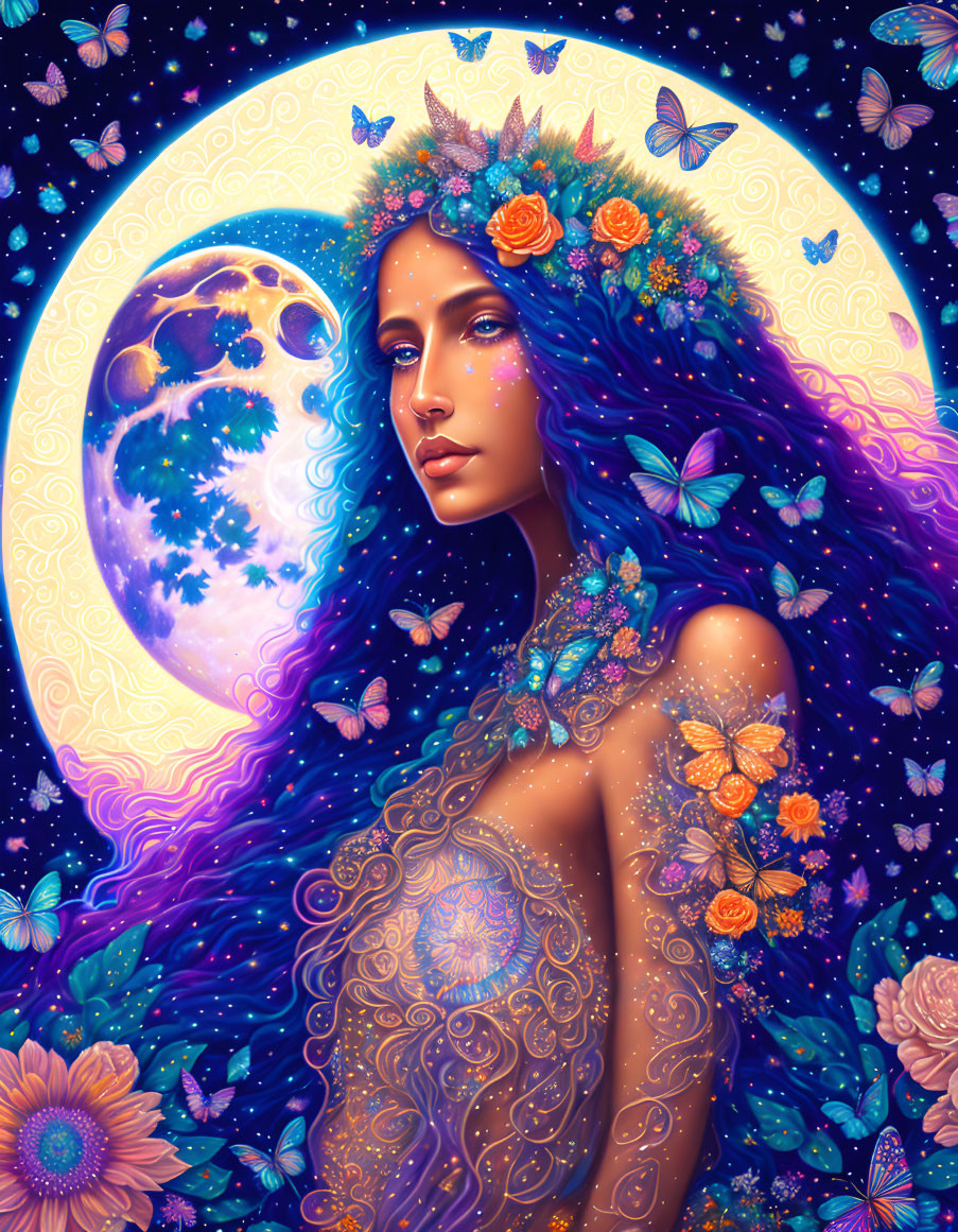 Fantastical illustration of woman with blue hair, flowers, butterflies, and moon.