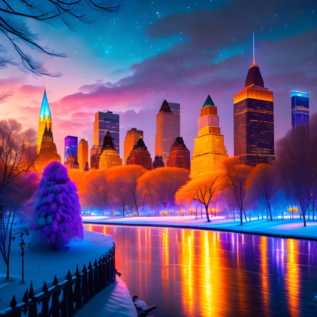 Winter cityscape: illuminated buildings, frozen river, snow-covered trees, starry sky at night.