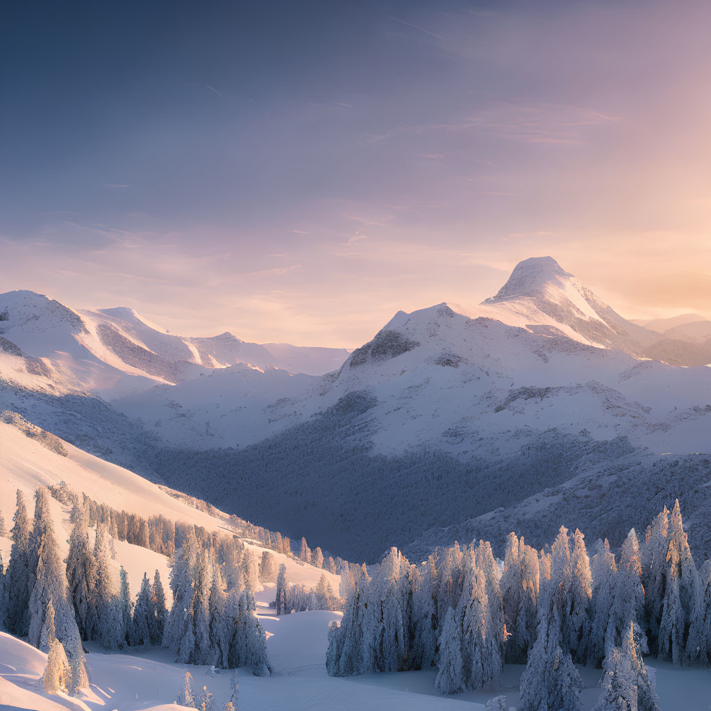 Snow-covered mountains and frosty trees in serene winter landscape