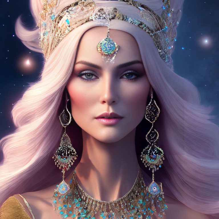 Digital artwork: Woman with pink hair, crown, gold and turquoise jewelry on starry background