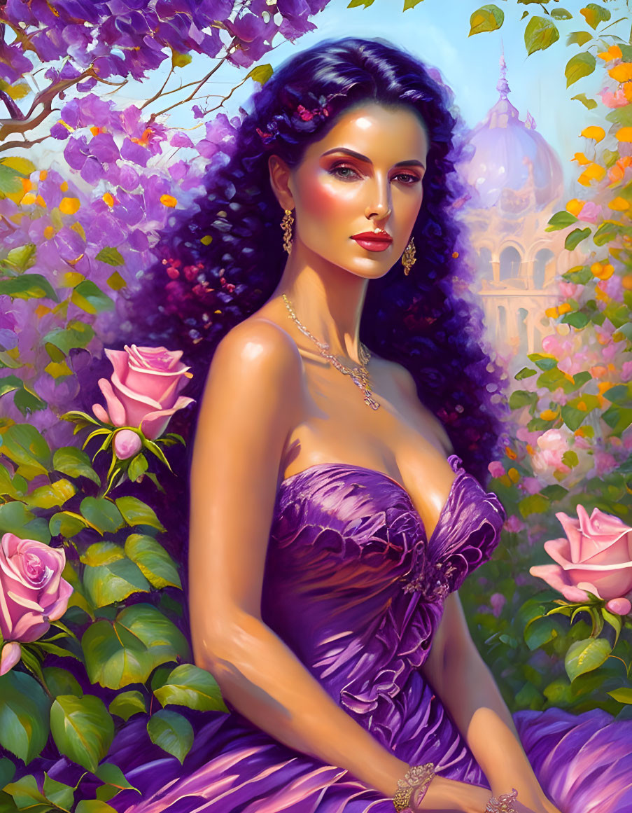 Dark-haired woman in purple dress surrounded by flowers and palace.