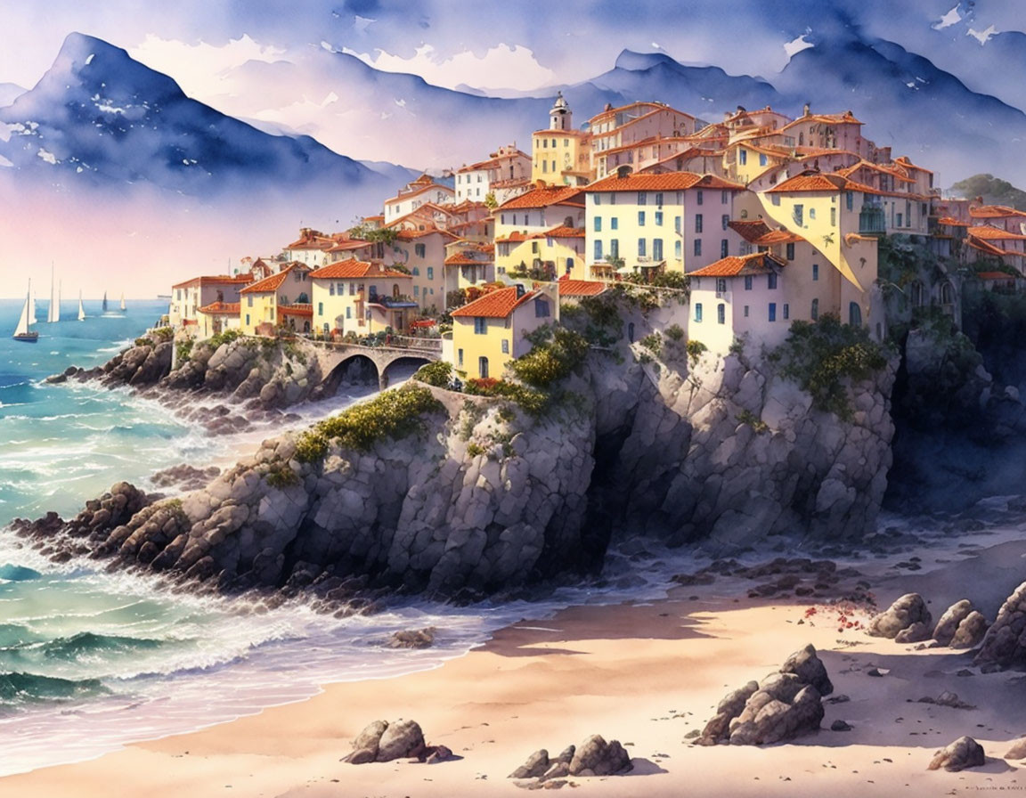 Scenic coastal town with terracotta rooftops and rocky cliffs