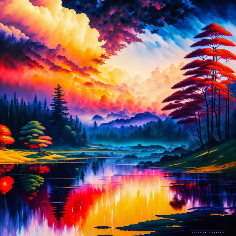 Colorful landscape painting: fiery sunset, reflected clouds, serene lake, vibrant trees.