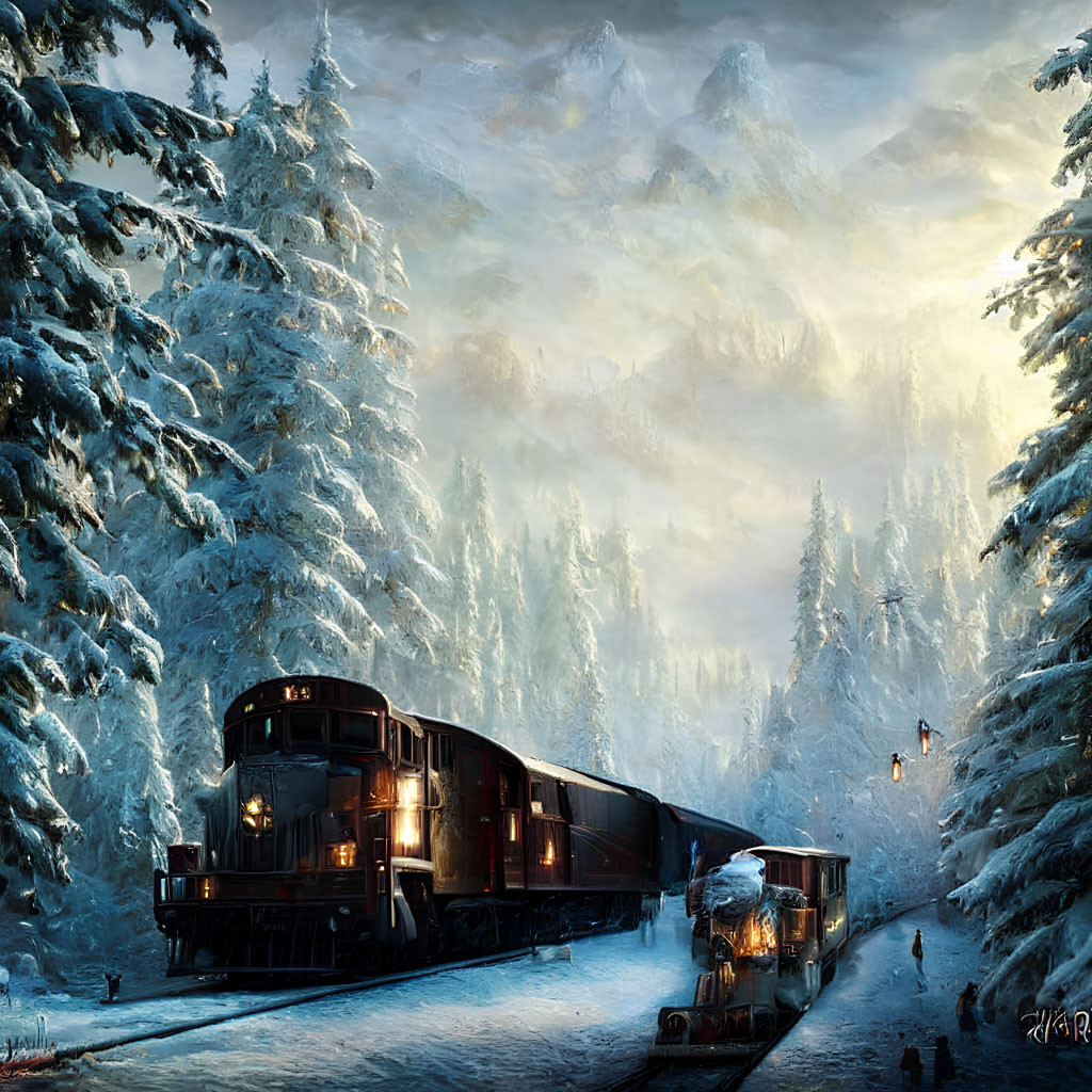 Snowy forest train journey through serene winter landscape