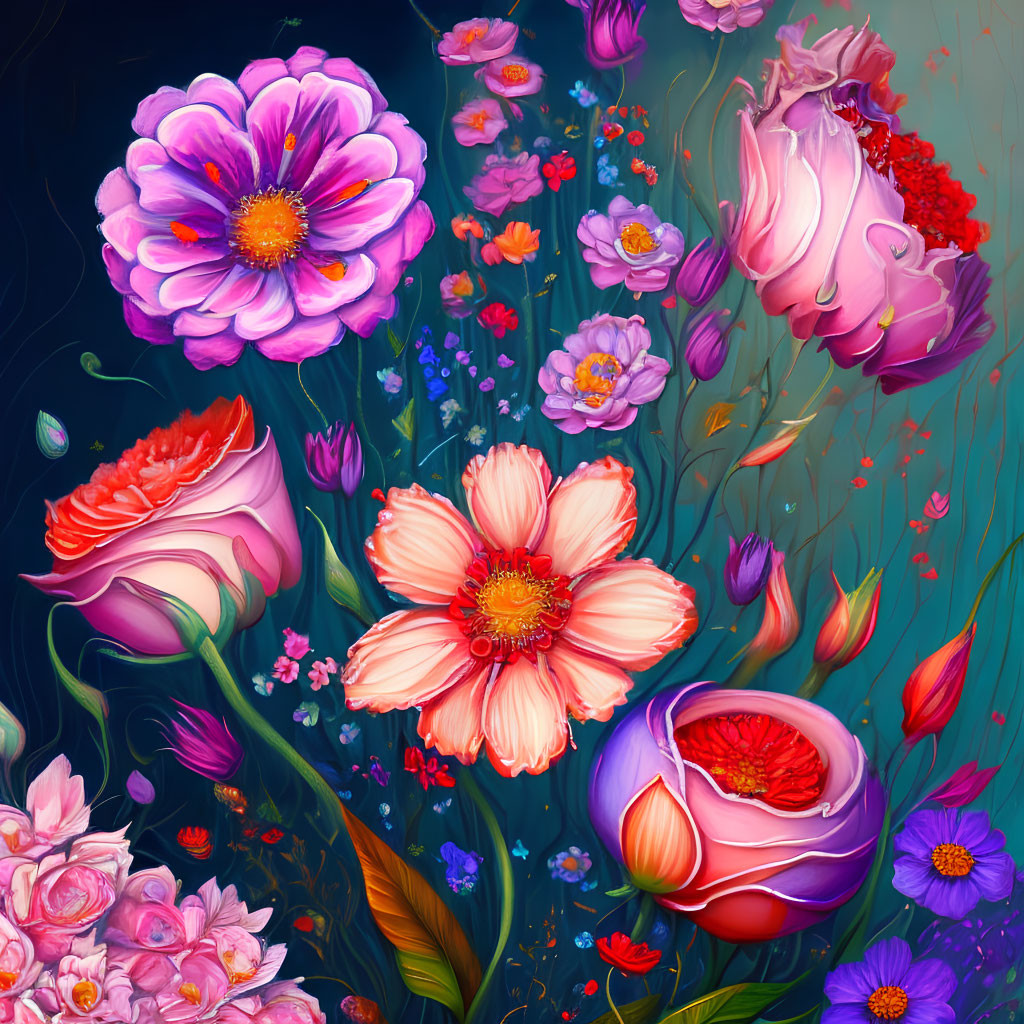 Colorful Flower Illustration with Pink, Red, Orange, and Purple Blooms