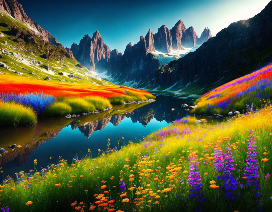 Scenic landscape with mirror lake, mountain peaks, wildflowers