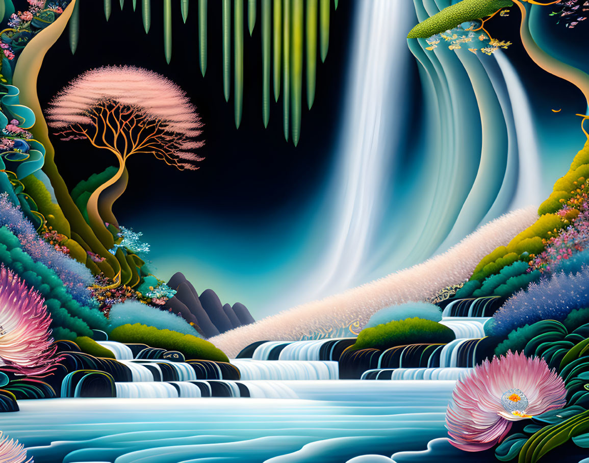 Colorful surreal landscape with waterfalls, exotic flora, and whimsical trees