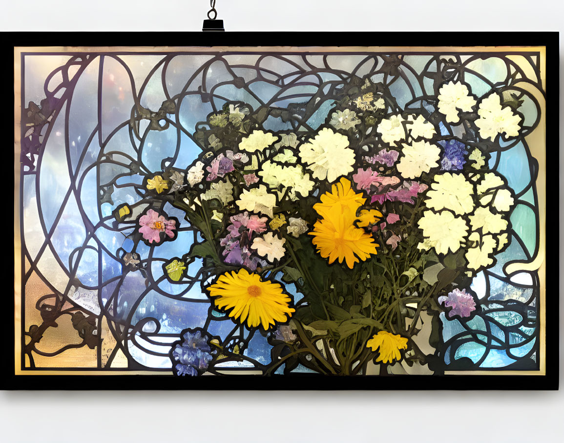 Art Nouveau stained glass window with intricate floral patterns