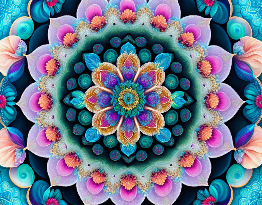 Symmetrical Digital Fractal Art: Vibrant Kaleidoscopic Flower in Blue, Pink, and